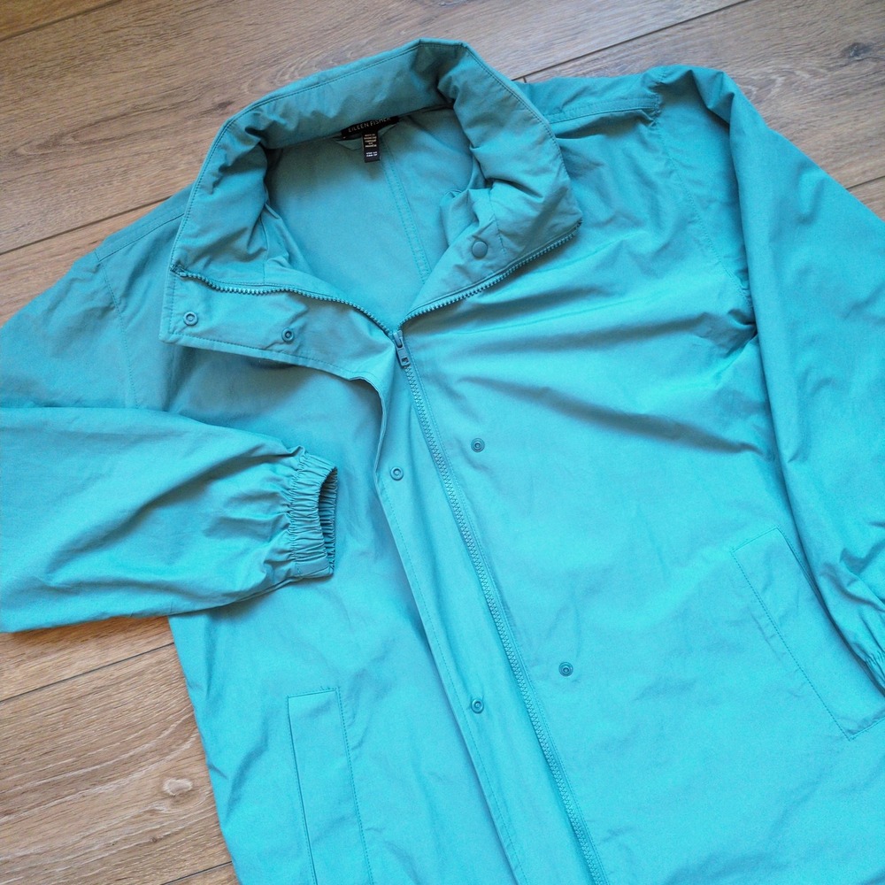 Eileen Fisher Rain Jacket Blue Hidden Hood Coat Oversized Waterproof Light XS
